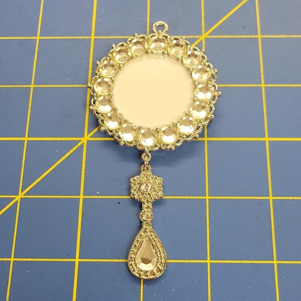 Medallion Charm Photo Rhinestone Accented Silver 4" x 2" Pendant